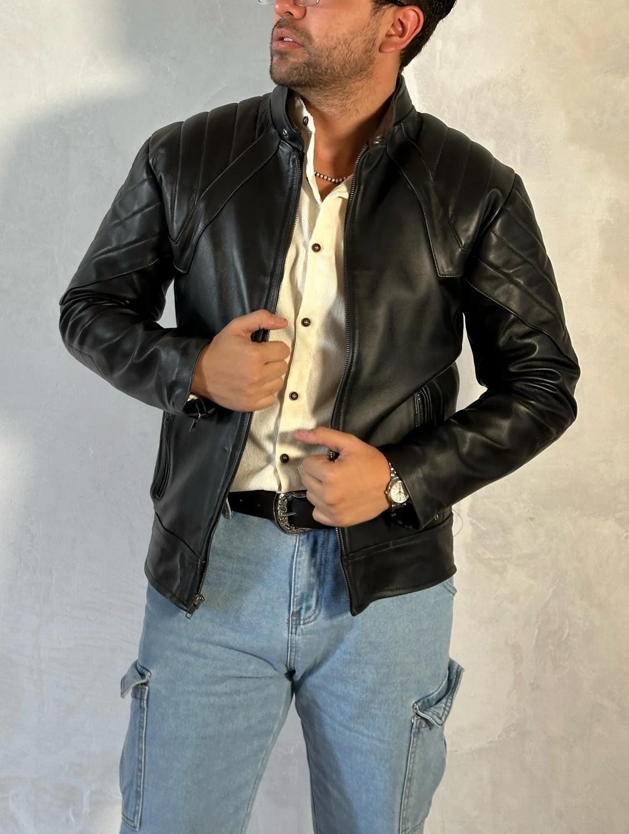 Vintage Motorcycle Leather Jacket, Embroidered Racing Patches, Retro Biker Style