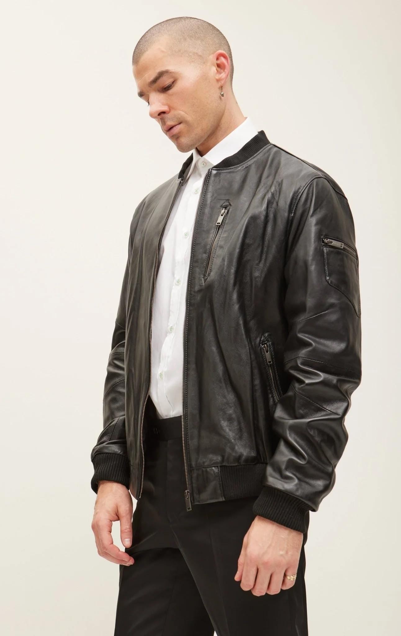 Handcrafted Black Leather Bomber Jacket, Vintage Motorcycle Style