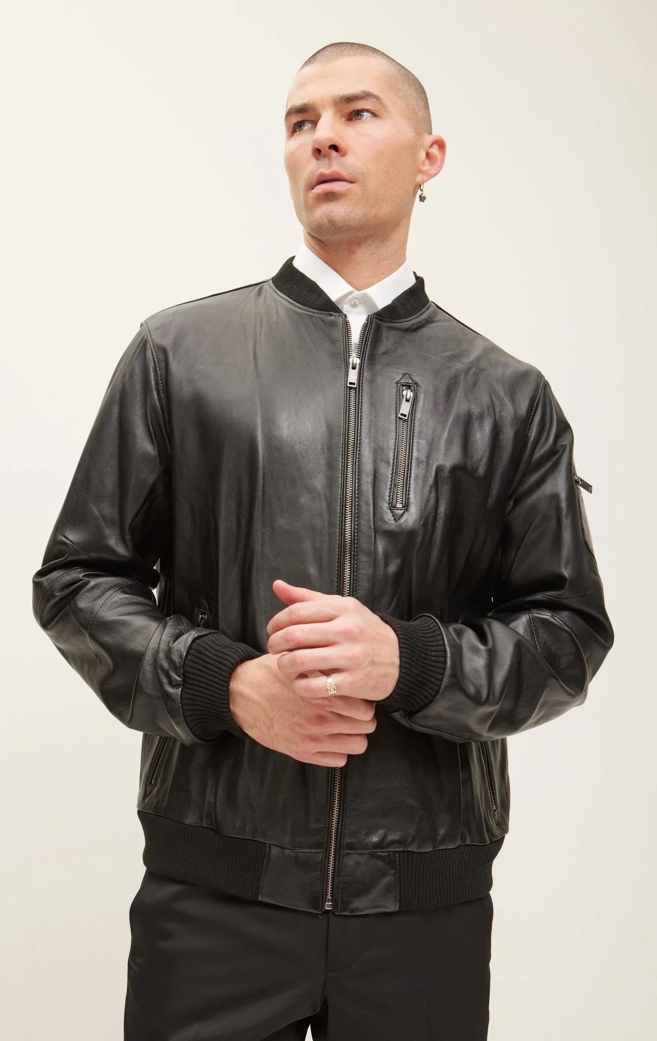 Handcrafted Black Leather Bomber Jacket, Vintage Motorcycle Style