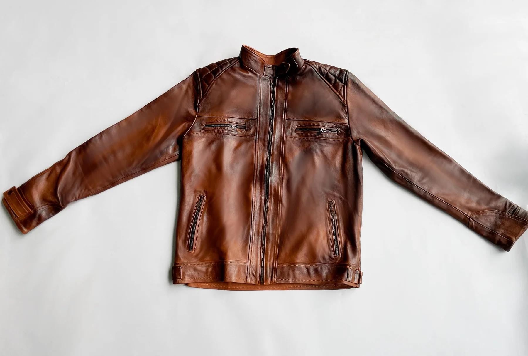 Vintage Handmade Genuine Leather Biker Jacket, 1990s Retro Style