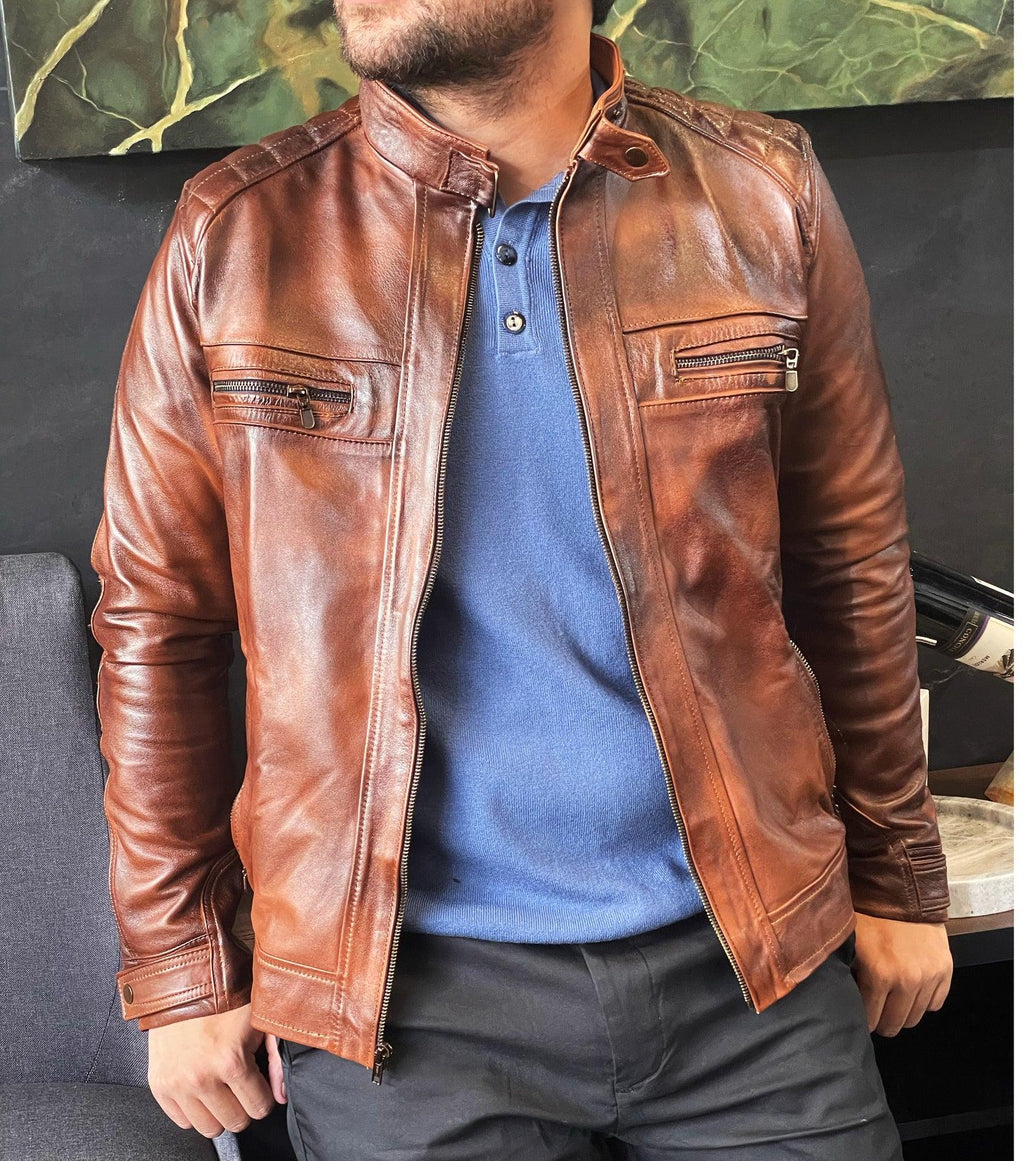 Vintage Handmade Genuine Leather Biker Jacket, 1990s Retro Style