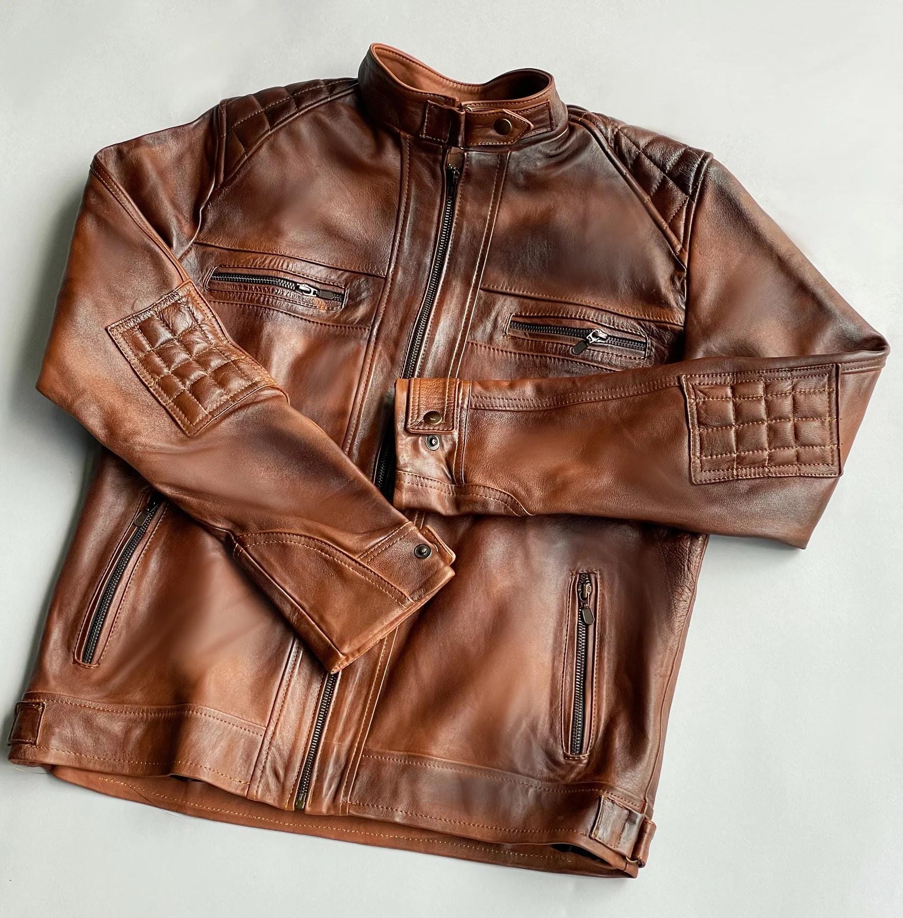 Vintage Handmade Genuine Leather Biker Jacket, 1990s Retro Style