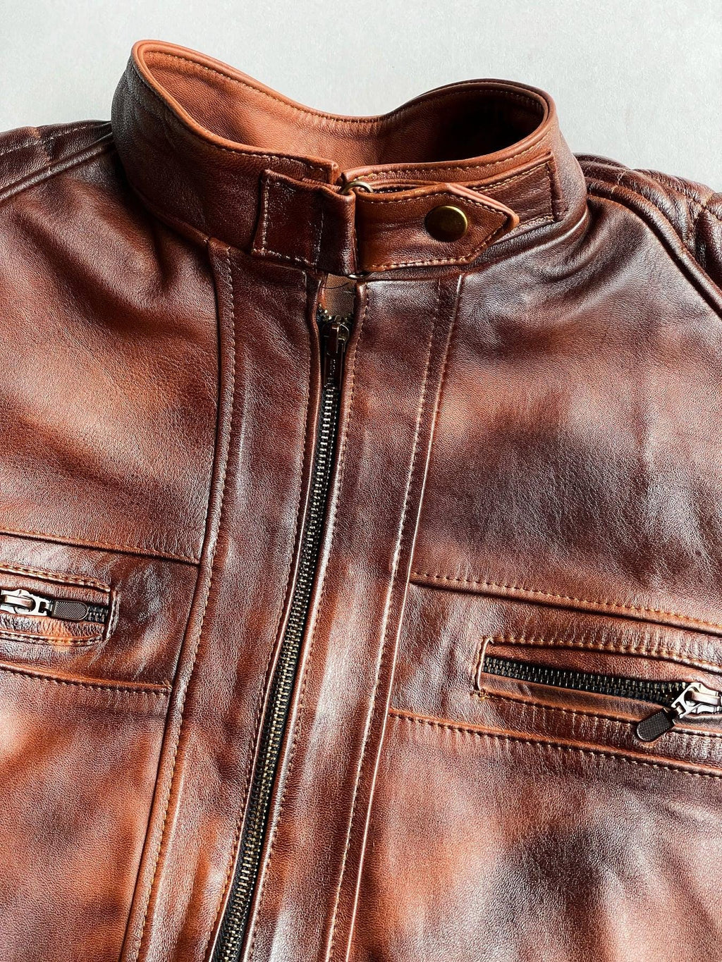 Vintage Handmade Genuine Leather Biker Jacket, 1990s Retro Style