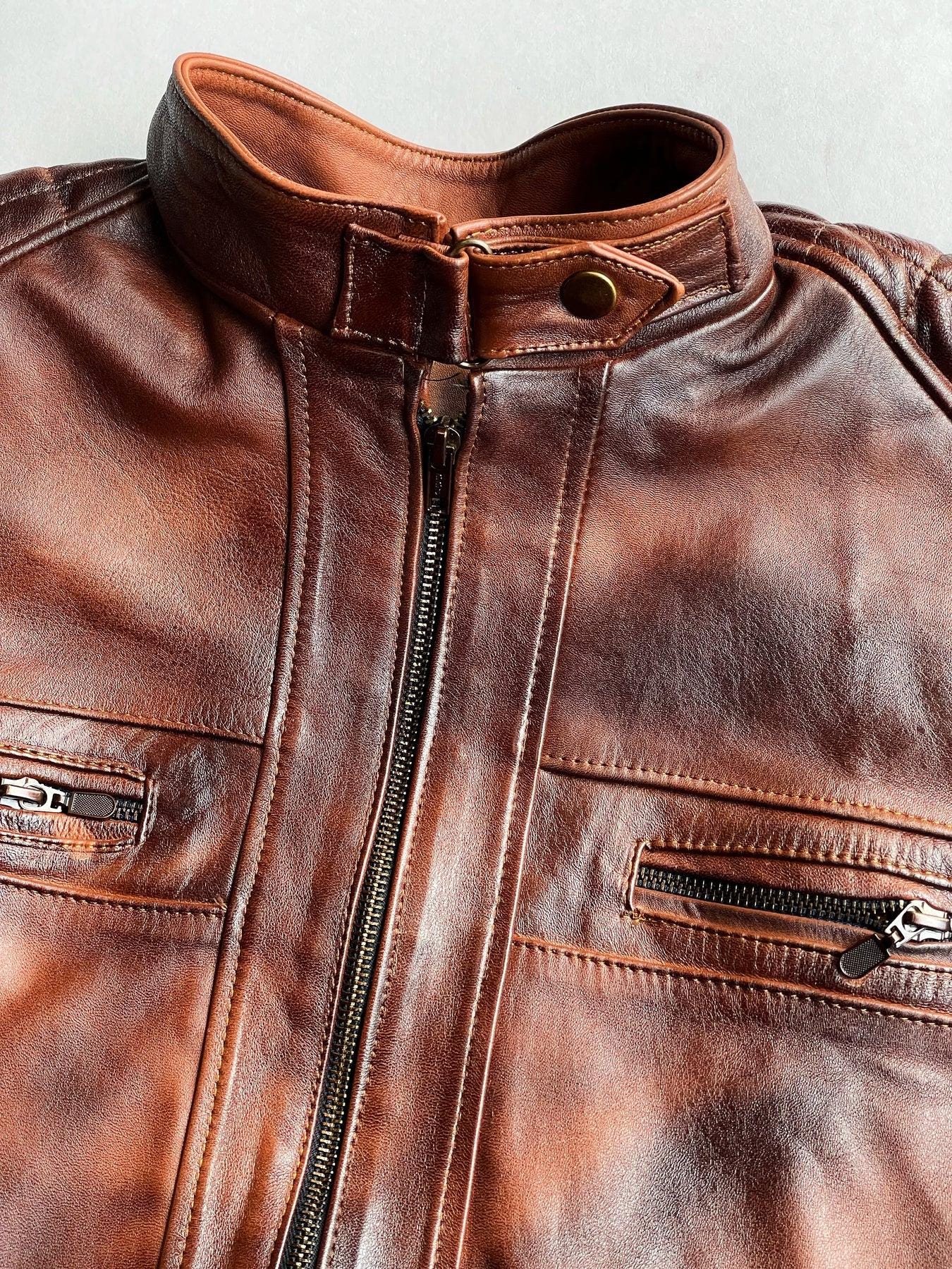Vintage Handmade Genuine Leather Biker Jacket, 1990s Retro Style