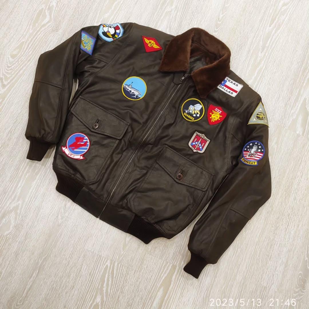 Top Gun Maverick Bomber Jacket – Vintage Aviator Leather Jacket with Patches | G-1 Flight Pilot Style | Shearling Collar US Navy Jacket Gift