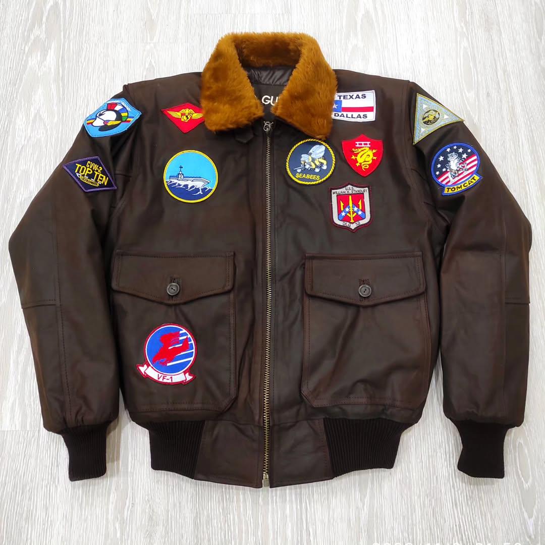 Top Gun Maverick Bomber Jacket – Vintage Aviator Leather Jacket with Patches | G-1 Flight Pilot Style | Shearling Collar US Navy Jacket Gift