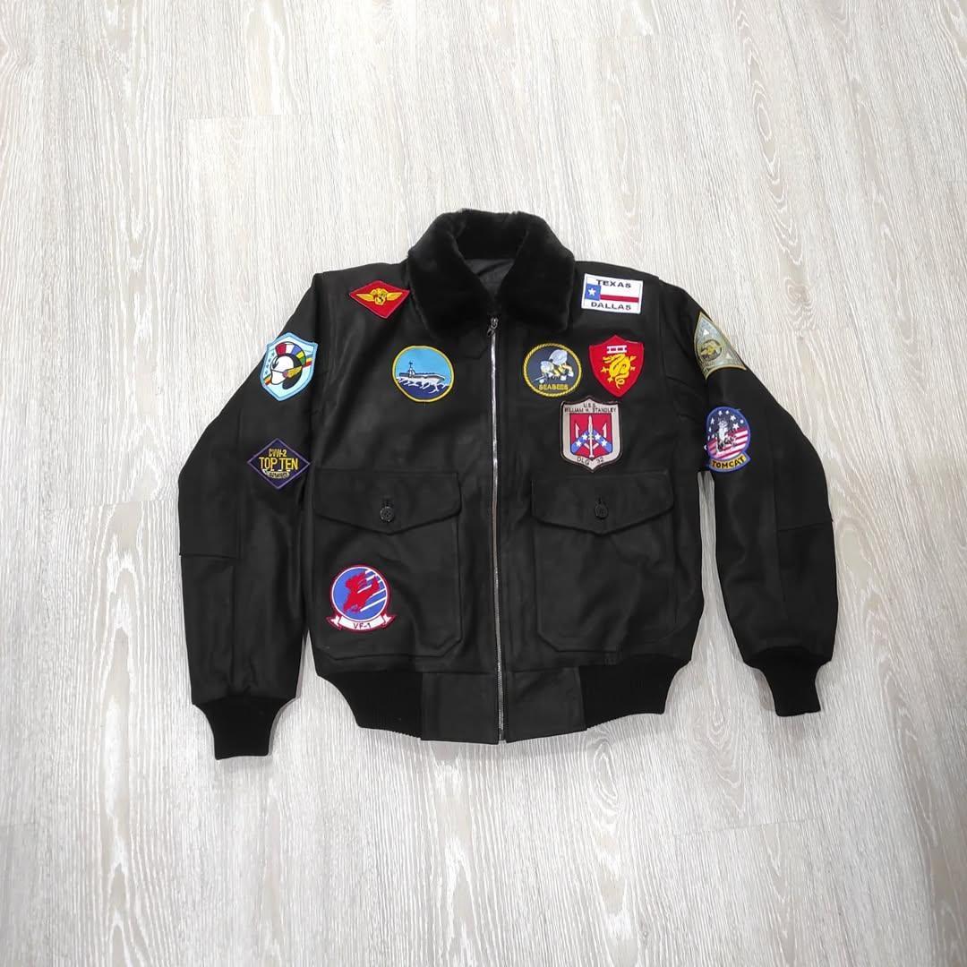 Top Gun Maverick Bomber Jacket – Vintage Aviator Leather Jacket with Patches | G-1 Flight Pilot Style | Shearling Collar US Navy Jacket Gift