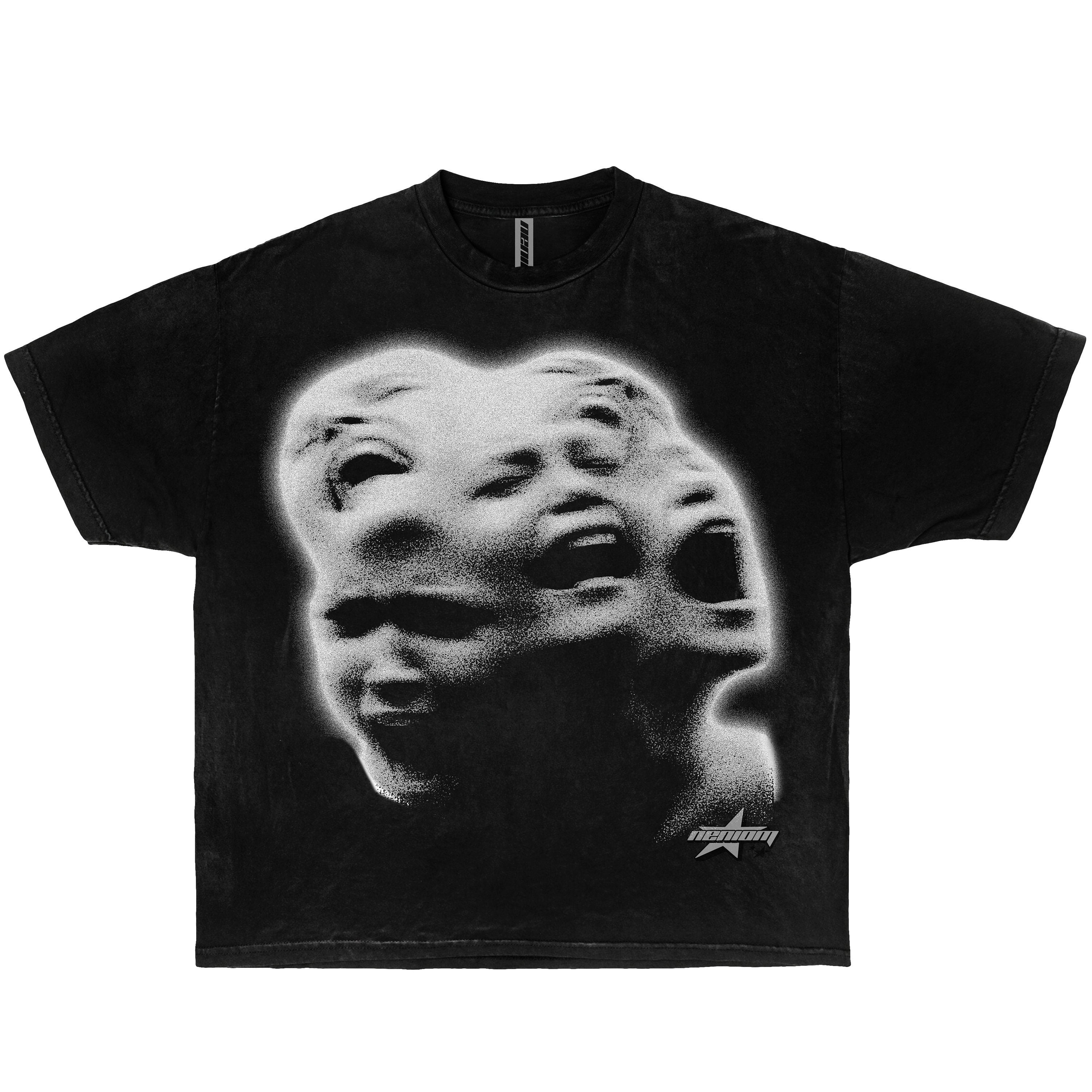 Black t-shirt with a white graphic print of three overlapping faces with mouths open. The graphic is in a distressed style. The t-shirt has a black star logo with the word 'remarkable' printed on it.