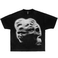 Black t-shirt with a white graphic print of three overlapping faces with mouths open. The graphic is in a distressed style. The t-shirt has a black star logo with the word 'remarkable' printed on it.