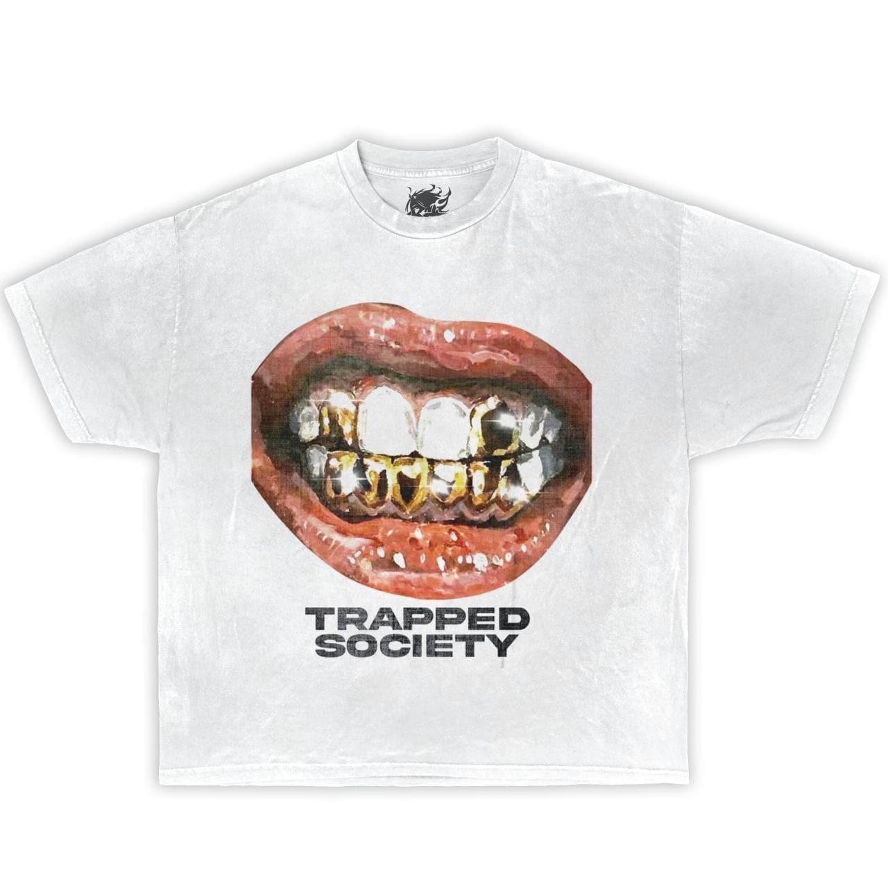 May include: White t-shirt with a red mouth and gold teeth graphic. The text 'TRAPPED SOCIETY' is printed below the graphic.