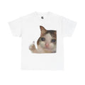 May include: A white t-shirt with a printed image of a cat with a sad expression and a single tear on its cheek. The cat is giving a thumbs up with its paw.