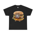 May include: A black t-shirt with a graphic of a cat wearing a hamburger costume. The hamburger is a double-decker with lettuce, tomato, and cheese. The cat has a sad expression.