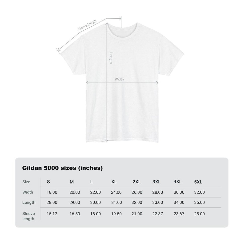 May include: A white t-shirt with a size chart showing the width, length, and sleeve length in inches for sizes S through 5XL. The chart is labeled 'Gildan 5000 sizes (inches)'.